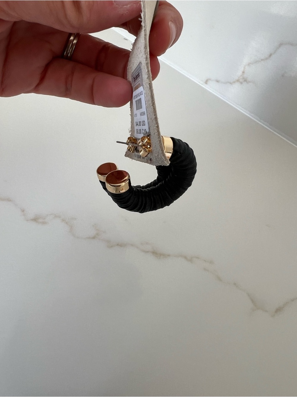 Anthropologie Faux Black Leather Wrapped Hoop Earrings with Gold Caps NWT - Picture 3 of 6